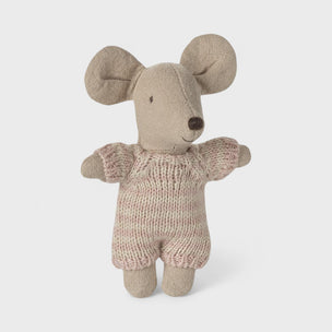 Maileg  baby Knitted mouse toy on a white background