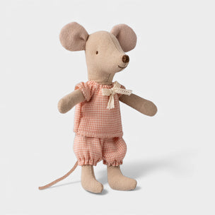 Maileg Little sister mouse toy wearing pink checkered pajamas on a light background