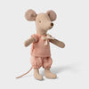 Maileg Little sister mouse toy wearing pink checkered pajamas on a light background