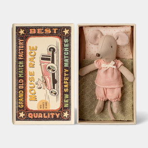 Maileg little sister mouse toy in a matchbox with vintage-style packaging