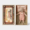 Maileg little sister mouse toy in a matchbox with vintage-style packaging