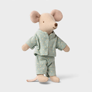 Maileg Little brother mouse toy wearing a light green outfit with small patterns on a white background