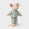 Maileg Little brother mouse toy wearing a light green outfit with small patterns on a white background