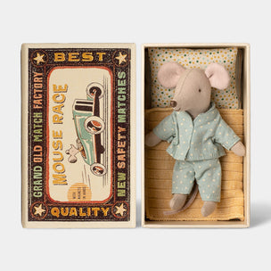 Maileg little brother  mouse toy in a matchbox with vintage-style packaging