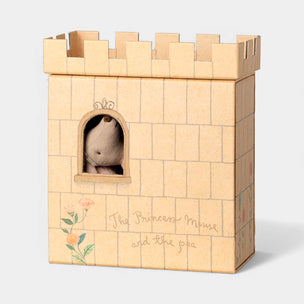 Maileg Cardboard castle toy with a small plush mouse inside on a light gray background