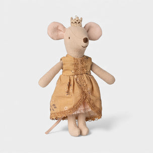 Maileg Princess mouse toy wearing a mustard yellow dress and crown on a light gray background