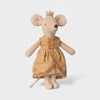 Maileg Princess mouse toy wearing a mustard yellow dress and crown on a light gray background