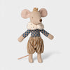 Maileg Prince toy mouse in a checkered outfit with a crown on a light gray background