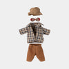Maileg grandad outfit set with plaid shirt, brown pants, hat, and bow tie on a white background