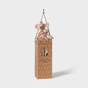Maileg castle with a mouse figurine on top against a white background