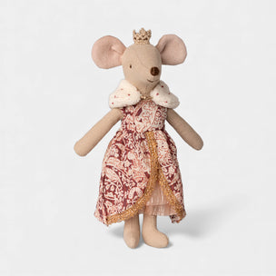 Maileg Queen mouse toy in a floral dress on a white background