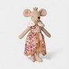 Maileg Queen mouse toy in a floral dress on a white background