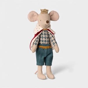 Maileg toy mouse dressed as a King with a crown, cape, and outfit on a white background