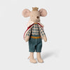Maileg toy mouse dressed as a King with a crown, cape, and outfit on a white background