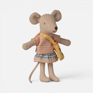 A small plush maileg mouse doll with beige fabric body and ears, wearing a peach and orange striped top, a plaid skirt, and carrying a yellow crossbody bag, photographed on a clean light gray background.