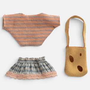 Three-piece maileg mouse clothing set on a light gray background, including a striped knit top, a checkered skirt with pink lace trim, and a tan felt purse with brown spots