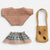 Three-piece maileg mouse clothing set on a light gray background, including a striped knit top, a checkered skirt with pink lace trim, and a tan felt purse with brown spots
