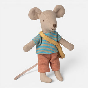 A plush toy Maileg mouse doll with beige fabric body and ears, wearing a blue and yellow striped shirt, peach pants, and a yellow crossbody bag, photographed on a clean light gray background.