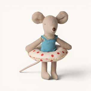 Maileg mouse toy with a blue swimsuit and red-polka-dotted life preserver on a white background