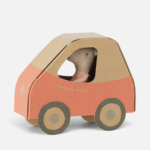 A small Maileg in car, with a brown cardboard body, peach-pink lower section, and gray wheels, photographed on a clean light gray background.