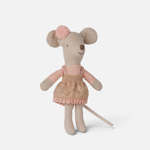 A Maileg mouse doll in beige fabric with a pink dress and matching head bow, standing against a clean white background.