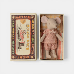 Stuffed Maileg mouse toy in a matchbox with vintage-style packaging