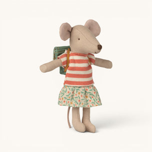 Maileg mouse toy wearing a striped shirt and floral skirt on a white background