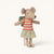 Maileg mouse toy wearing a striped shirt and floral skirt on a white background