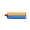 Rectangular pouch with beige top and blue bottom on a white background