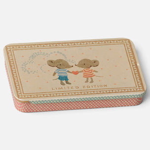 A rectangular Maileg metal tin with rounded corners, featuring a vintage-style illustration of two mice holding a heart on the lid, with the words 'LIMITED EDITION' printed below. The tin has a beige lid with a decorative border and a pink, blue, and beige patterned base, photographed on a clean white background.