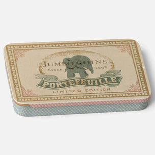 A rectangular Maileg metal tin with a vintage-style label reading 'Jumbo Coins Since 1998 Portefeuille Limited Edition,' shown on a clean white background.