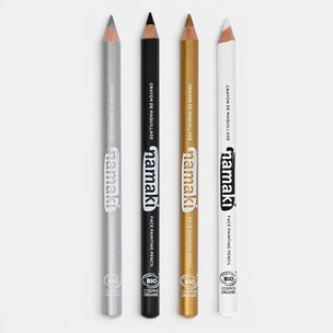Four makeup pencils with different colored tips on a white background, featuring the brand 'Hamaki'.