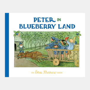 Book cover of 'Peter in Blueberry Land' by Elsa Beskow with illustration of children and a dog.
