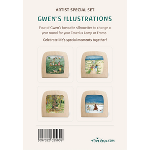 Back of a Toverlux 'Artist Special Set' box for 'Gwen's Illustrations', showing four framed art silhouettes on a cream background with a barcode and the Toverlux website.