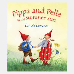 Book cover of 'Pippa and Pelle in the Summer Sun' with two children in red hats shaking hands in a field.