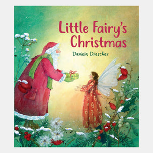 Book cover of 'Little Fairy's Christmas' with a fairy and Santa Claus in a snowy garden.