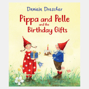Book cover of 'Pippa and Pelle and the Birthday Gifts' by Daniela Drescher with illustrations of two children in red hats holding a gift and cake.