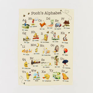 Illustrated alphabet chart featuring Winnie the Pooh and friends on a beige background