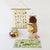 Child playing with a Winnie the Pooh-themed alphabet chart and map on a white floor.