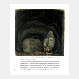 Illustration of a mountain scene with a person and a child, text below on a white background