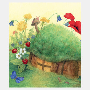 Illustration of a mushroom house with flowers and a butterfly in a garden setting.