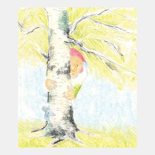 Illustration of a gnome climbing a tree with a small creature below on a white background