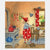 Illustration of a child in a kitchen with a red polka dot dress and a red hat, surrounded by kitchen items and decorations.