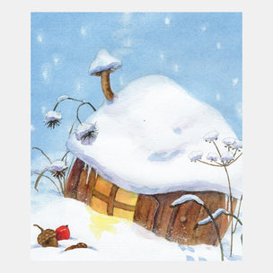 Wooden house with a snow-covered roof in a snowy landscape