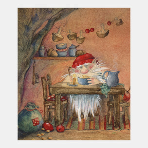 Illustration of a gnome eating at a table with a cozy, rustic setting.