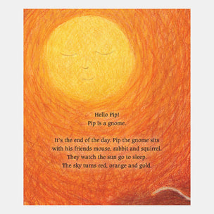 Illustration of a sun setting with text about a gnome named Pip and his friends.