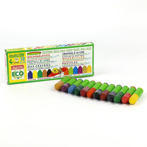 Box of wax crayons with colorful crayons displayed in front on a white background