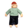 waldorf doll with blond hair, wearing hat on white back ground