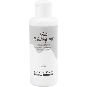 A white plastic bottle of Creativ Lino Printing Ink with a gray label, shown against a plain white background.