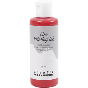 A bottle of Creativ Lino Printing Ink in red, featuring a white cap and a white label with gray accents, on a plain white background.